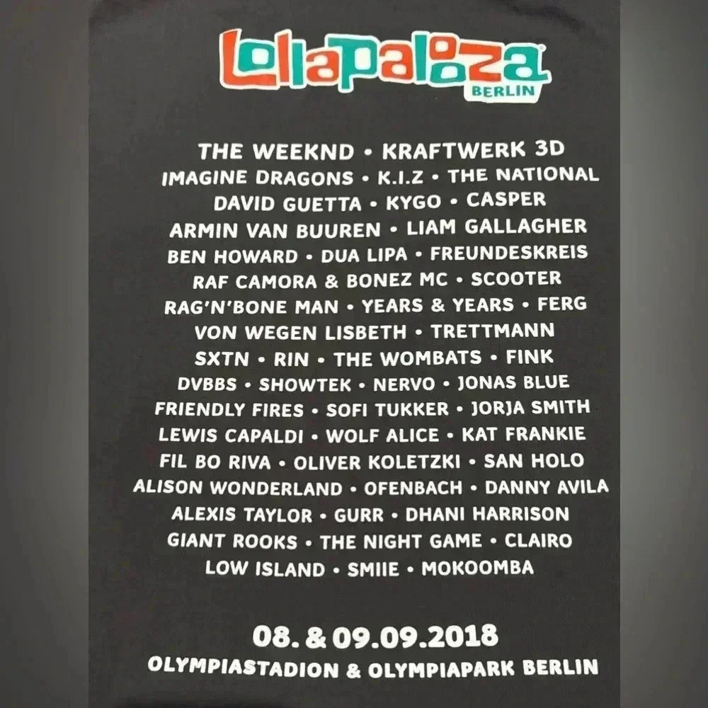 Lollapalooza T-Shirt Berlin 2018 Unisex XL EUC 100% Organic Cotton Music Concert - Picture 9 of 10